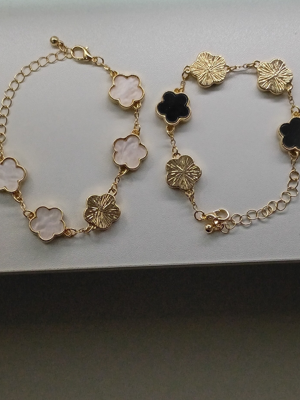 Gold Clover Link Bracelets with White and Black Inlay